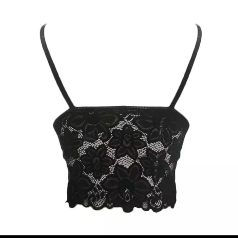 Soft floral stretch lace bralette bra black cami crop NEW! - Picture 2 of 5